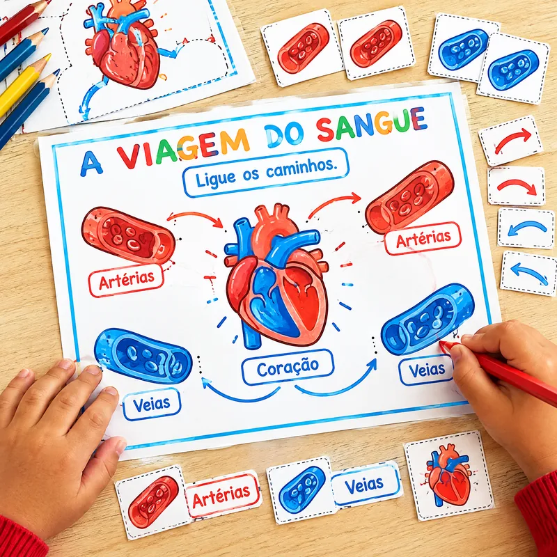 Atividade infantil sobre coração, artérias e veias em português