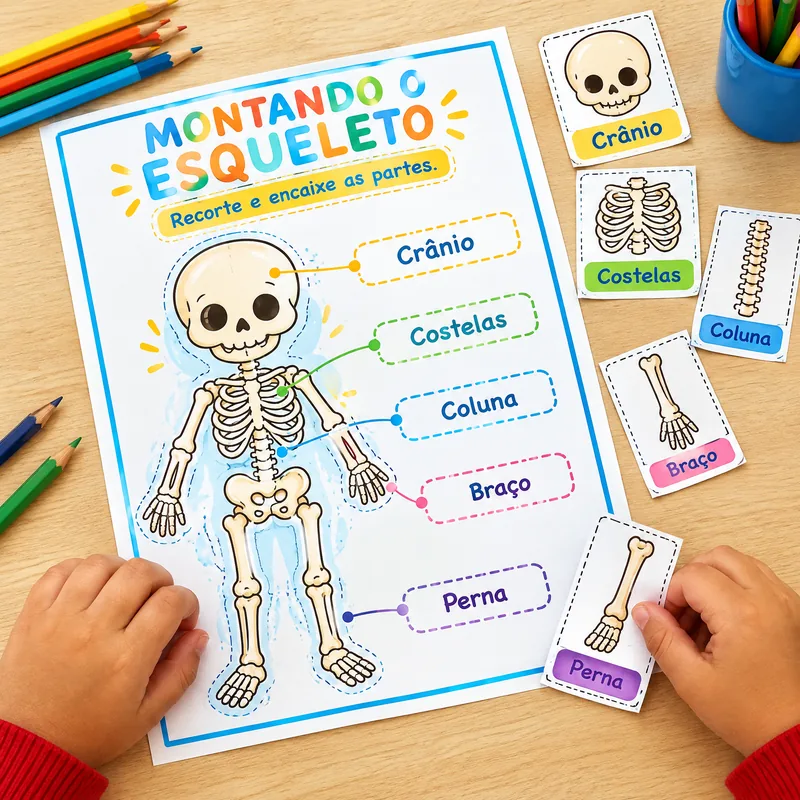Atividade infantil de montar o esqueleto em português