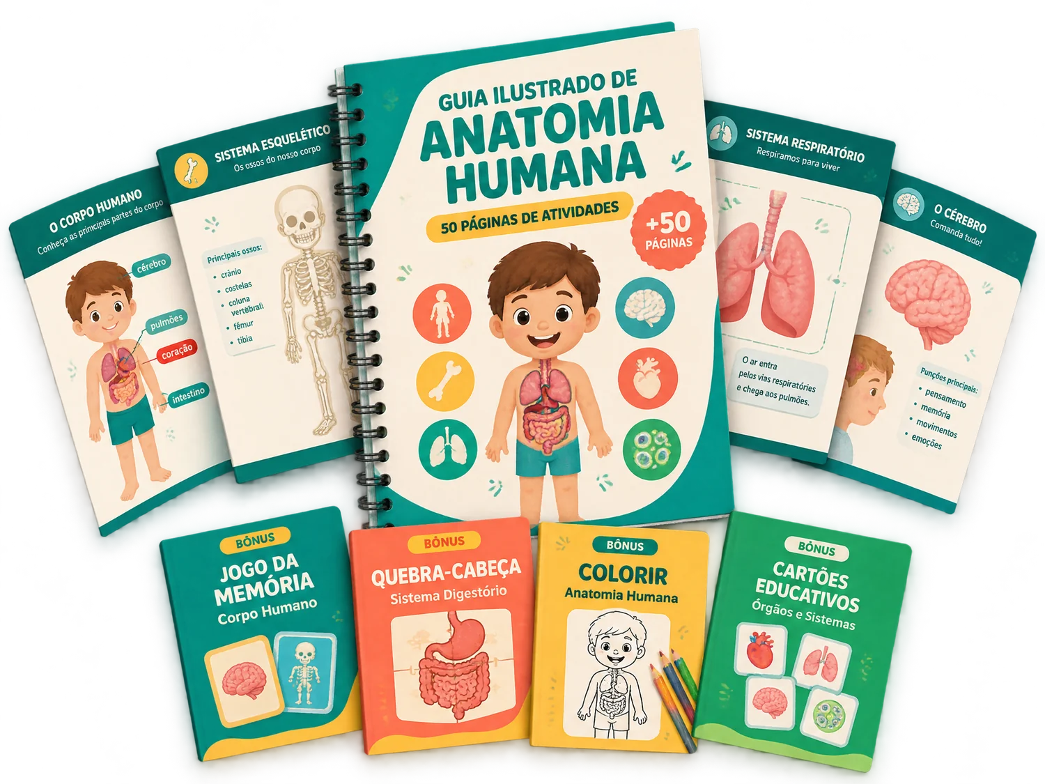 Mockup do Guia Ilustrado de Anatomia Humana com páginas e bônus